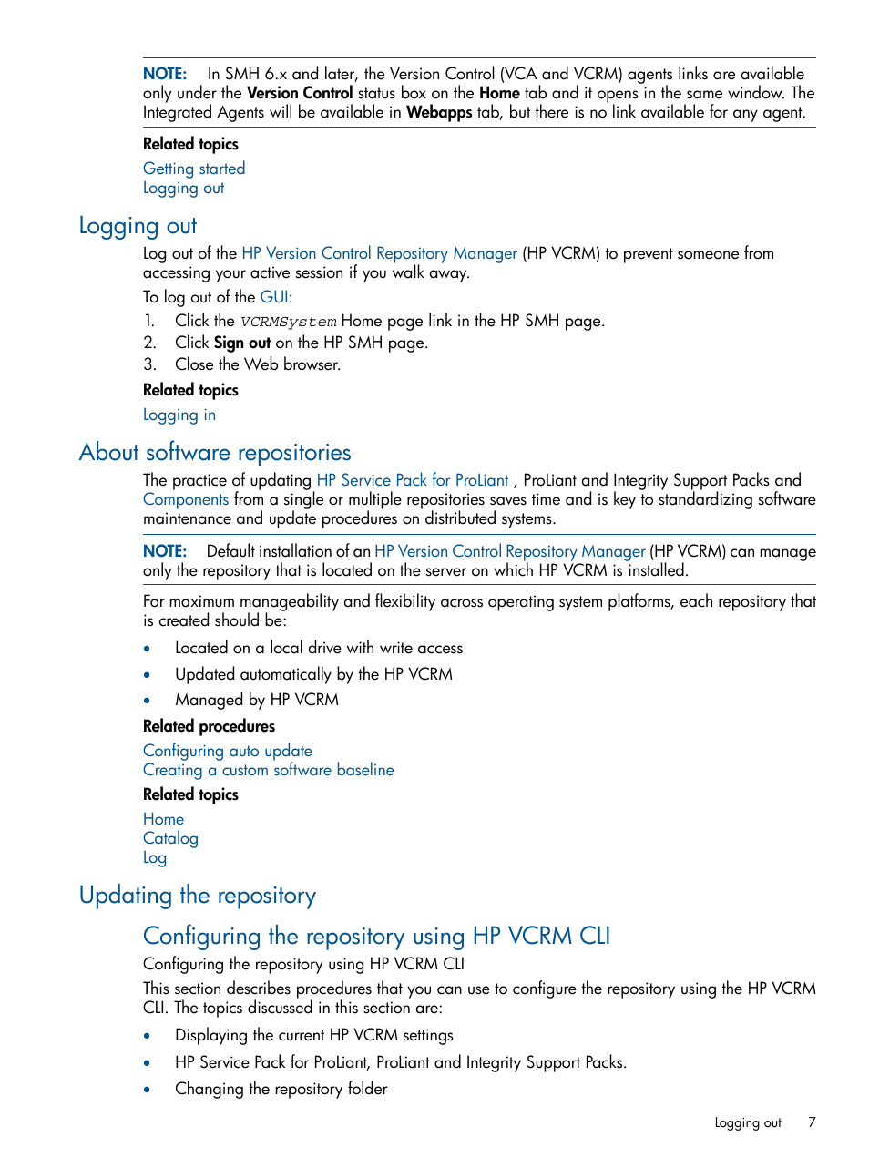 Logging out, About software repositories, Updating the repository | HP Systems Insight Manager User Manual | Page 7 / 50