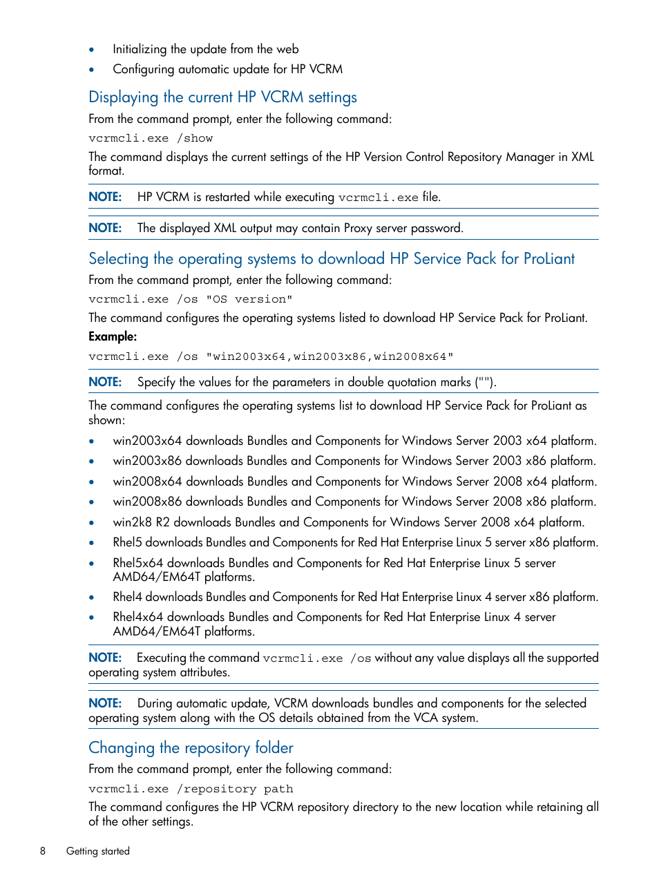 Displaying the current hp vcrm settings, Changing the repository folder | HP Systems Insight Manager User Manual | Page 8 / 50