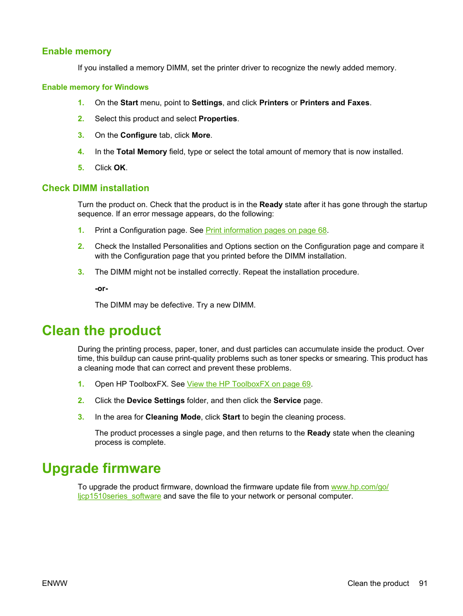 Enable memory, Enable memory for windows, Check dimm installation | Clean the product, Upgrade firmware, Clean the product upgrade firmware | HP Color LaserJet CP1515n Printer User Manual | Page 101 / 168