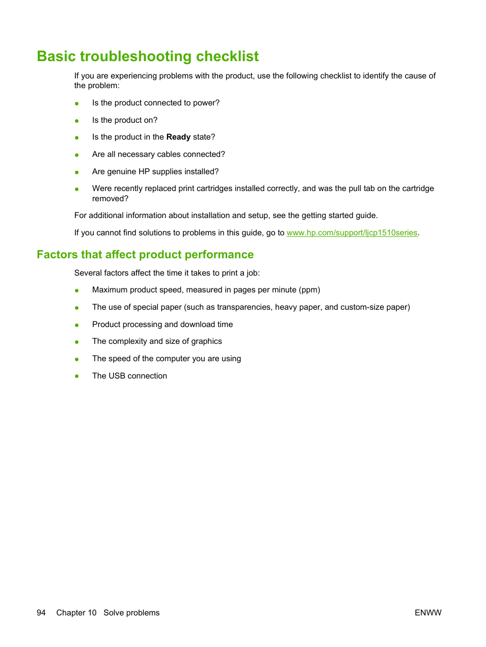 Basic troubleshooting checklist, Factors that affect product performance | HP Color LaserJet CP1515n Printer User Manual | Page 104 / 168