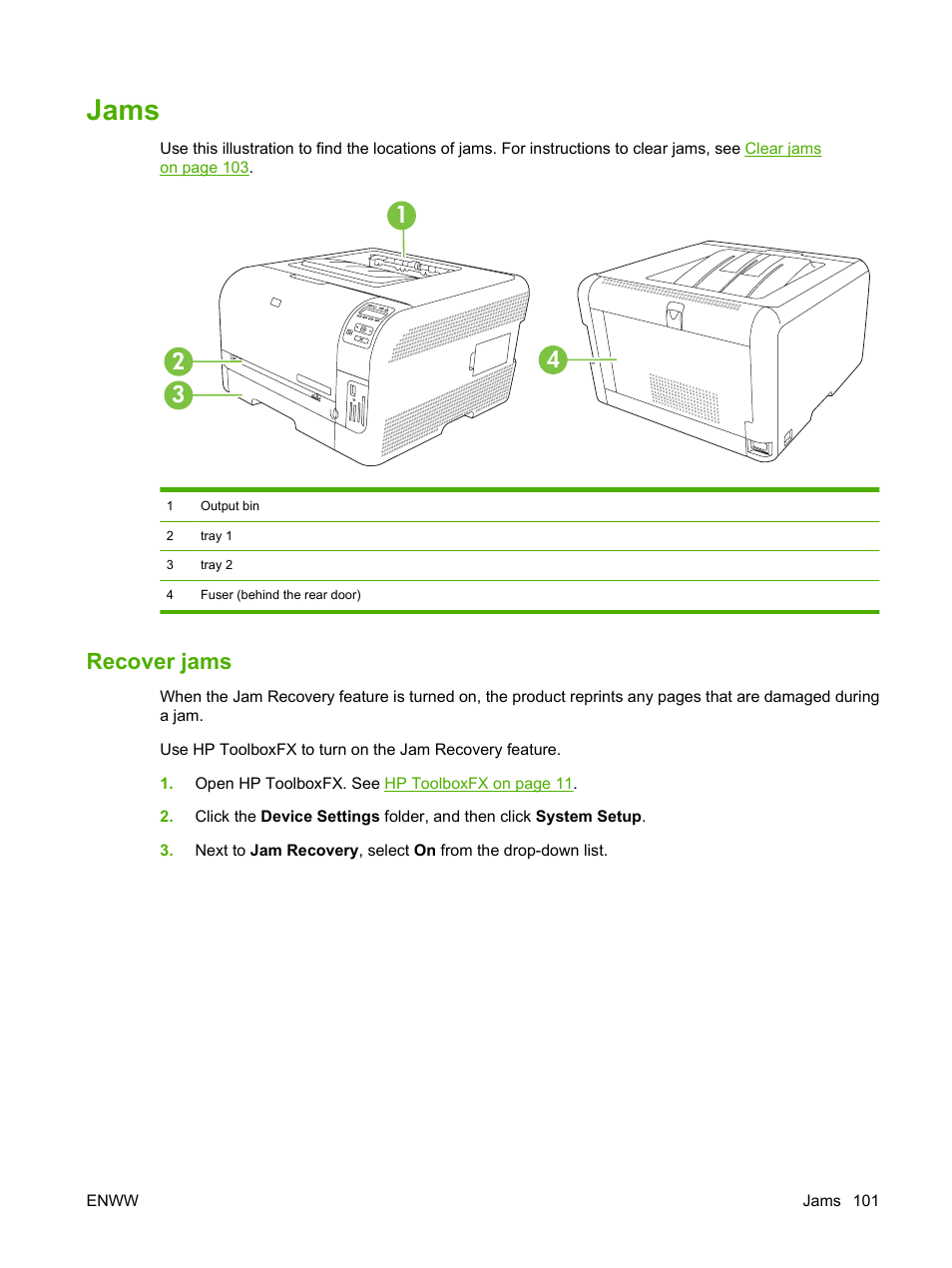 Jams, Recover jams | HP Color LaserJet CP1515n Printer User Manual | Page 111 / 168