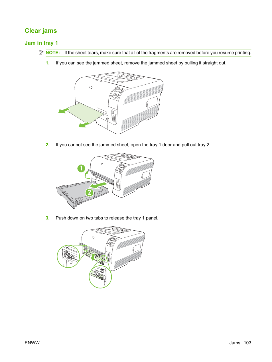 Clear jams, Jam in tray 1 | HP Color LaserJet CP1515n Printer User Manual | Page 113 / 168