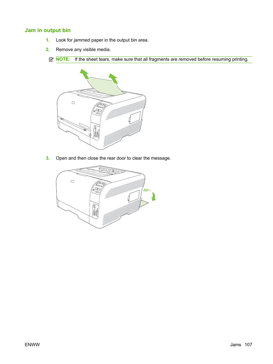 Jam in output bin | HP Color LaserJet CP1515n Printer User Manual | Page 117 / 168