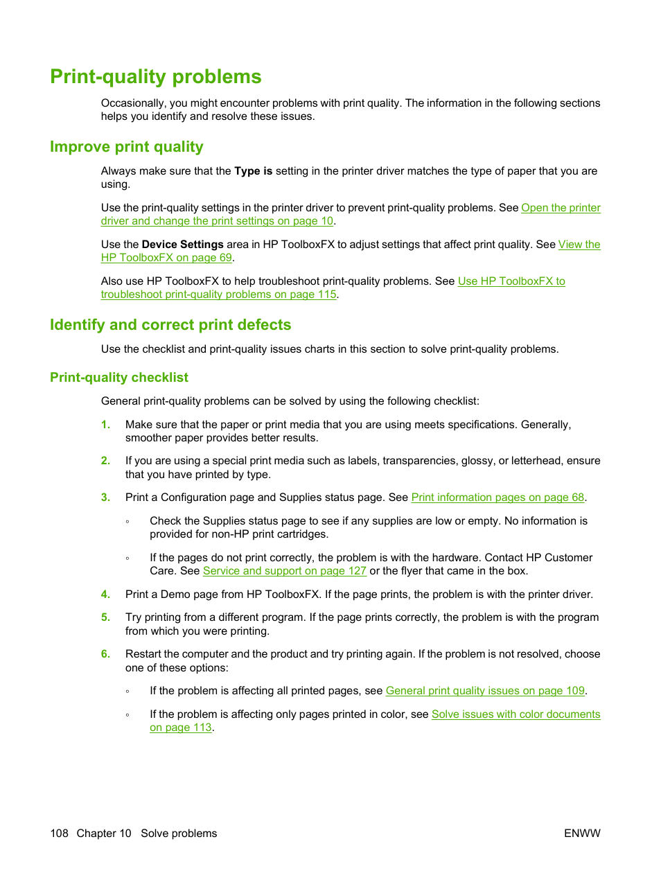 Print-quality problems, Improve print quality, Identify and correct print defects | Print-quality checklist | HP Color LaserJet CP1515n Printer User Manual | Page 118 / 168