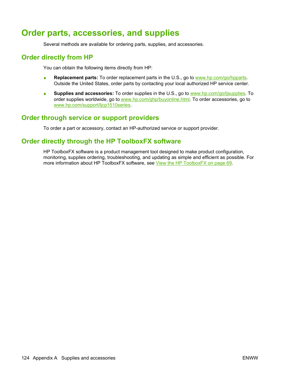 Order parts, accessories, and supplies, Order directly from hp, Order through service or support providers | Order directly through the hp toolboxfx software | HP Color LaserJet CP1515n Printer User Manual | Page 134 / 168