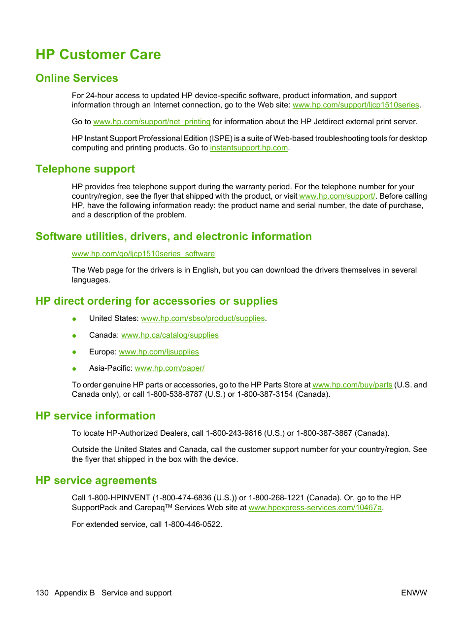 Hp customer care, Online services, Telephone support | Hp direct ordering for accessories or supplies, Hp service information, Hp service agreements | HP Color LaserJet CP1515n Printer User Manual | Page 140 / 168