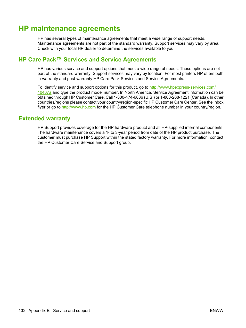 Hp maintenance agreements, Hp care pack™ services and service agreements, Extended warranty | HP Color LaserJet CP1515n Printer User Manual | Page 142 / 168