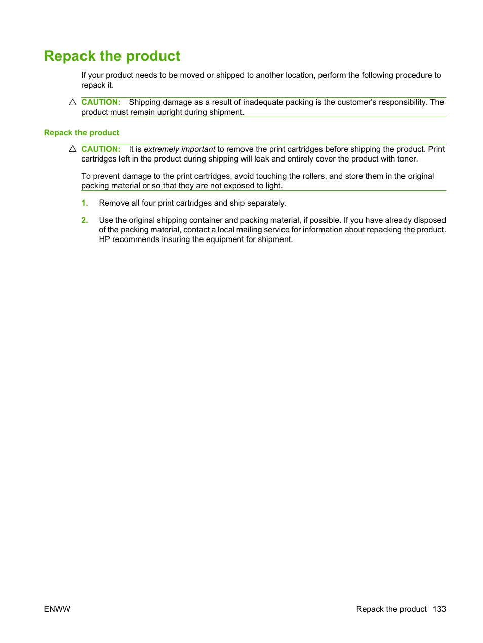 Repack the product | HP Color LaserJet CP1515n Printer User Manual | Page 143 / 168