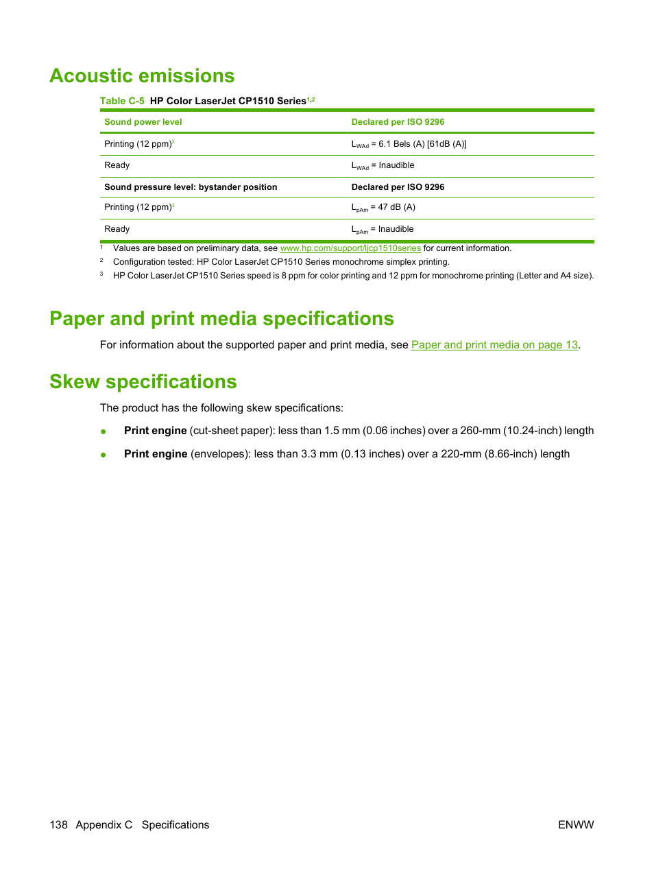 Acoustic emissions, Paper and print media specifications, Skew specifications | HP Color LaserJet CP1515n Printer User Manual | Page 148 / 168