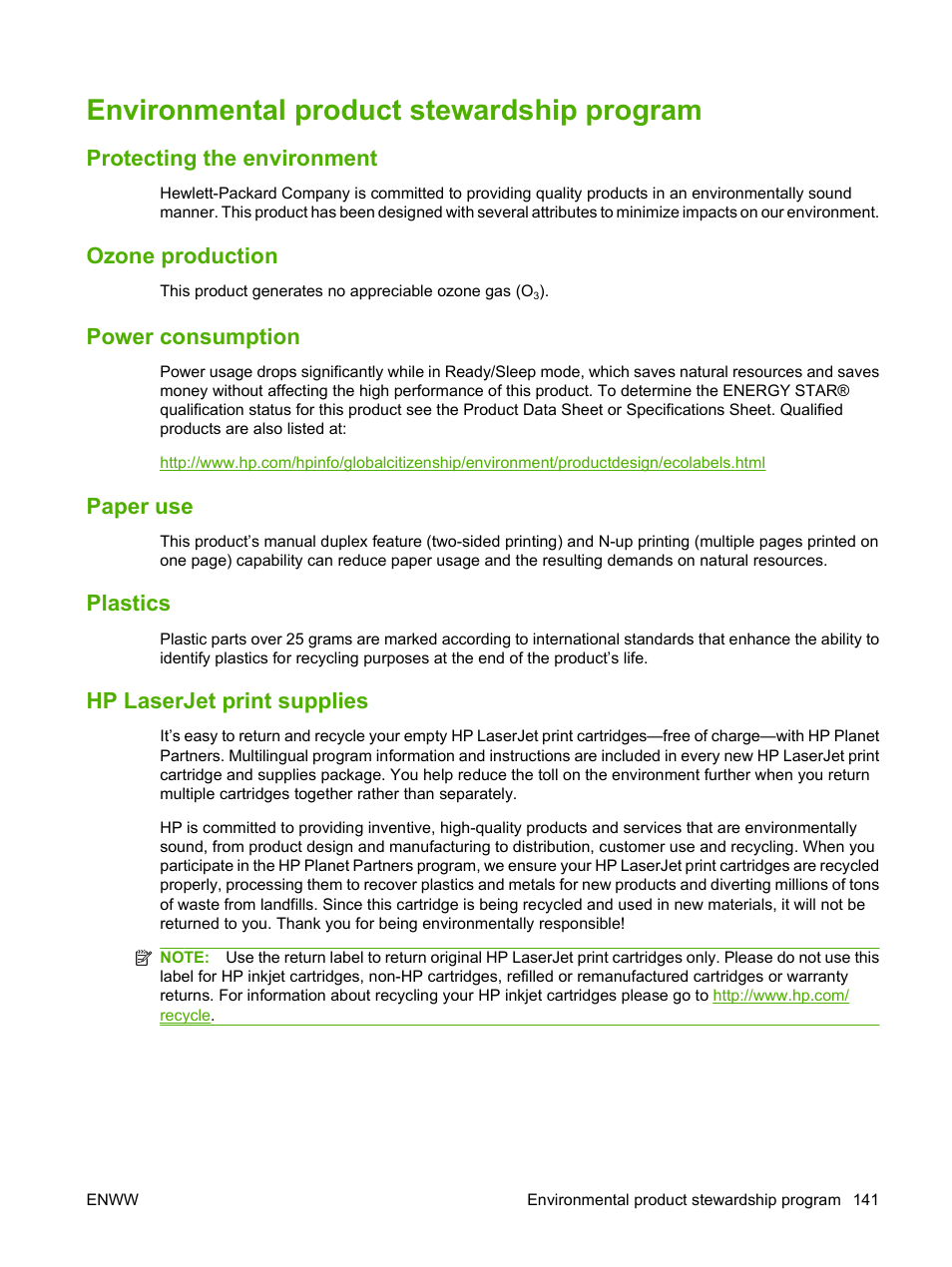 Environmental product stewardship program, Protecting the environment, Ozone production | Power consumption, Paper use, Plastics, Hp laserjet print supplies | HP Color LaserJet CP1515n Printer User Manual | Page 151 / 168