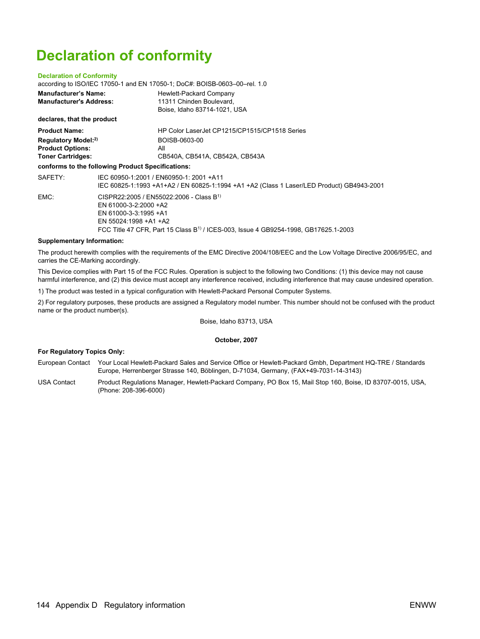 Declaration of conformity, 144 appendix d regulatory information enww | HP Color LaserJet CP1515n Printer User Manual | Page 154 / 168