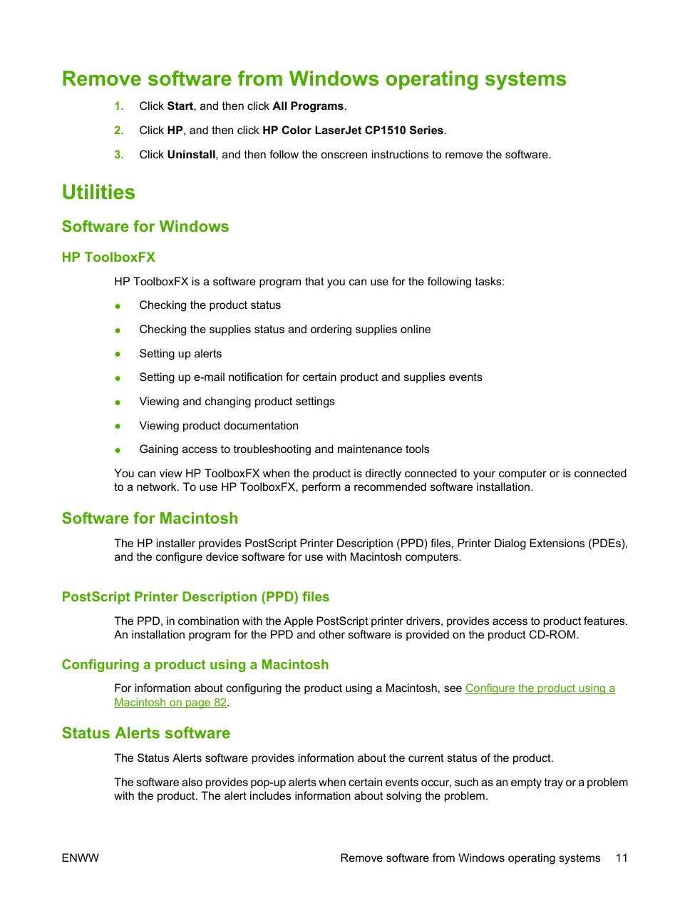 Remove software from windows operating systems, Utilities, Software for windows | Hp toolboxfx, Software for macintosh, Postscript printer description (ppd) files, Configuring a product using a macintosh, Status alerts software | HP Color LaserJet CP1515n Printer User Manual | Page 21 / 168