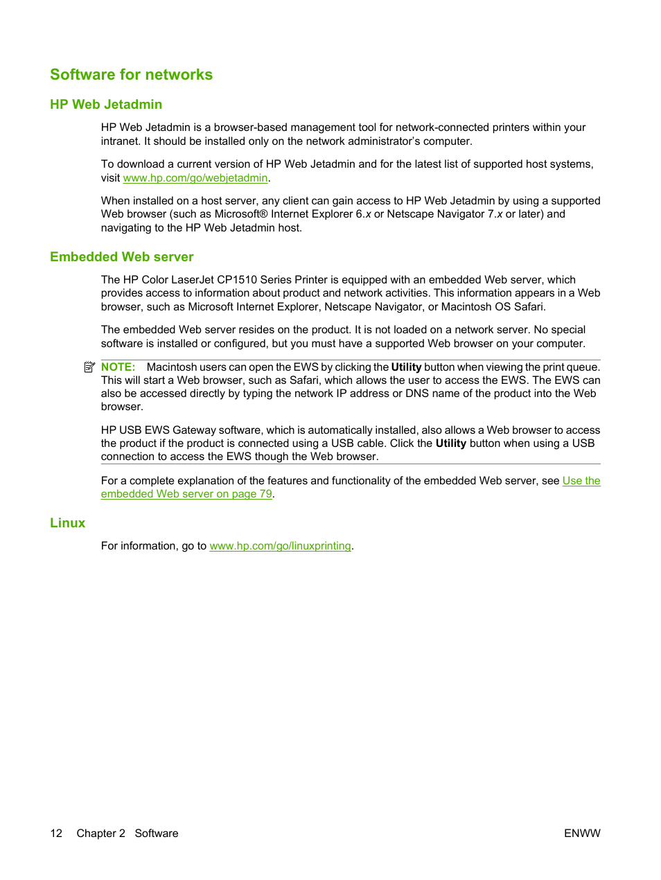 Software for networks, Hp web jetadmin, Embedded web server | Linux, Hp web jetadmin embedded web server linux | HP Color LaserJet CP1515n Printer User Manual | Page 22 / 168