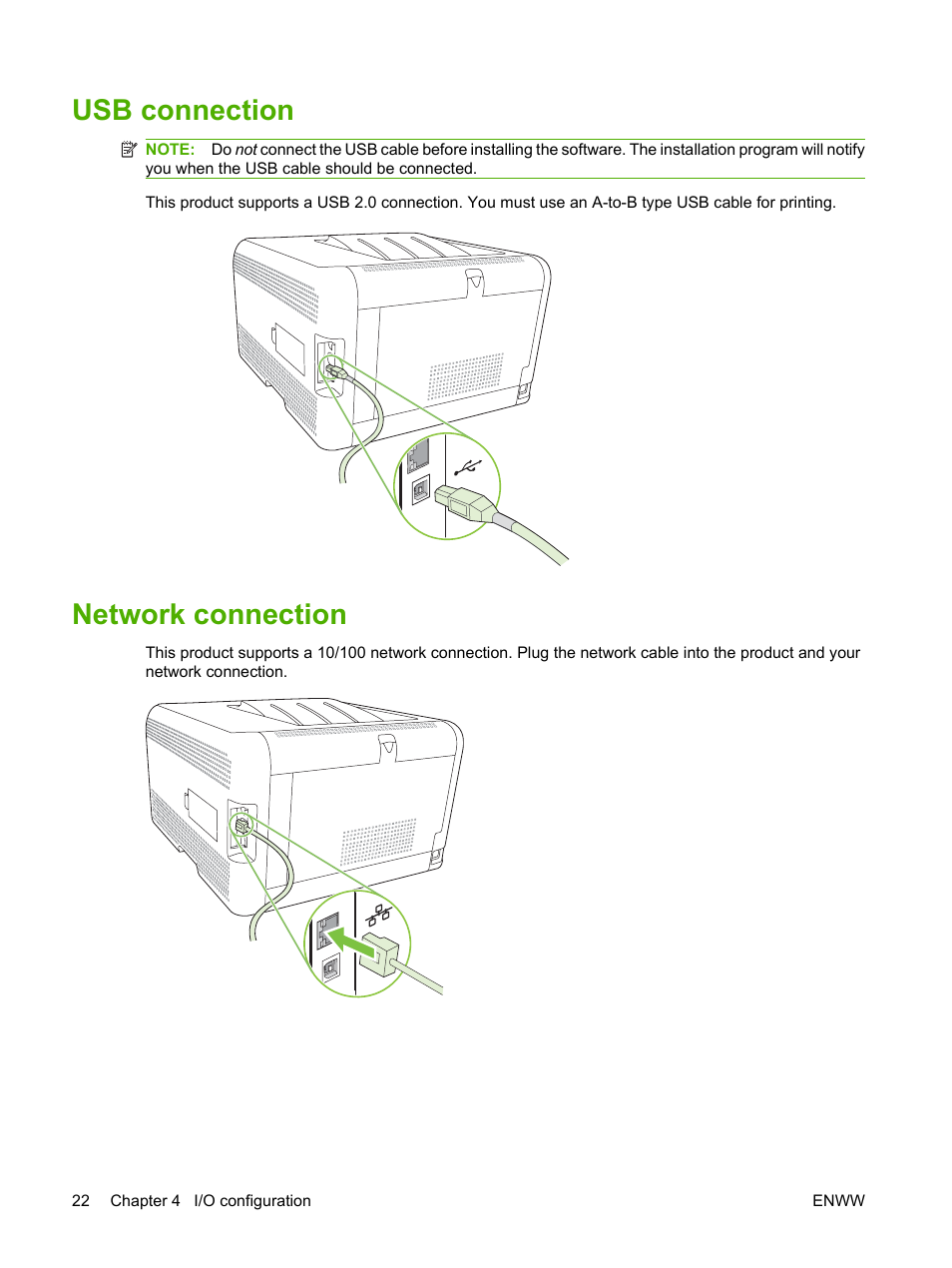Usb connection, Network connection, Usb connection network connection | HP Color LaserJet CP1515n Printer User Manual | Page 32 / 168