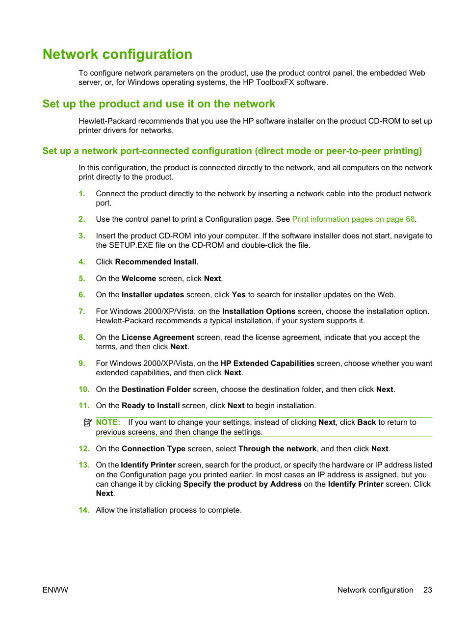 Network configuration, Set up the product and use it on the network | HP Color LaserJet CP1515n Printer User Manual | Page 33 / 168