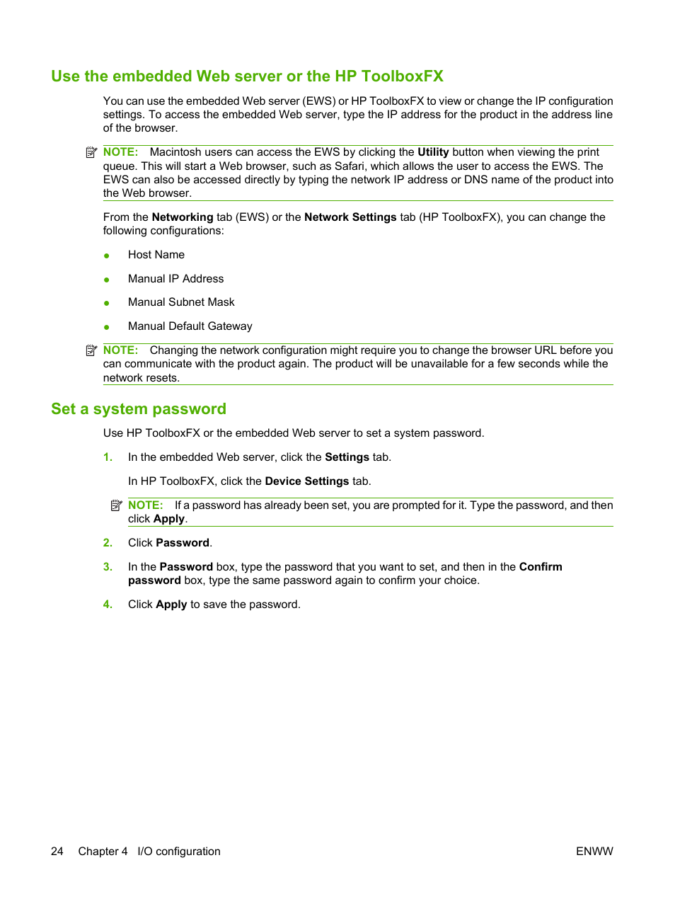 Use the embedded web server or the hp toolboxfx, Set a system password | HP Color LaserJet CP1515n Printer User Manual | Page 34 / 168