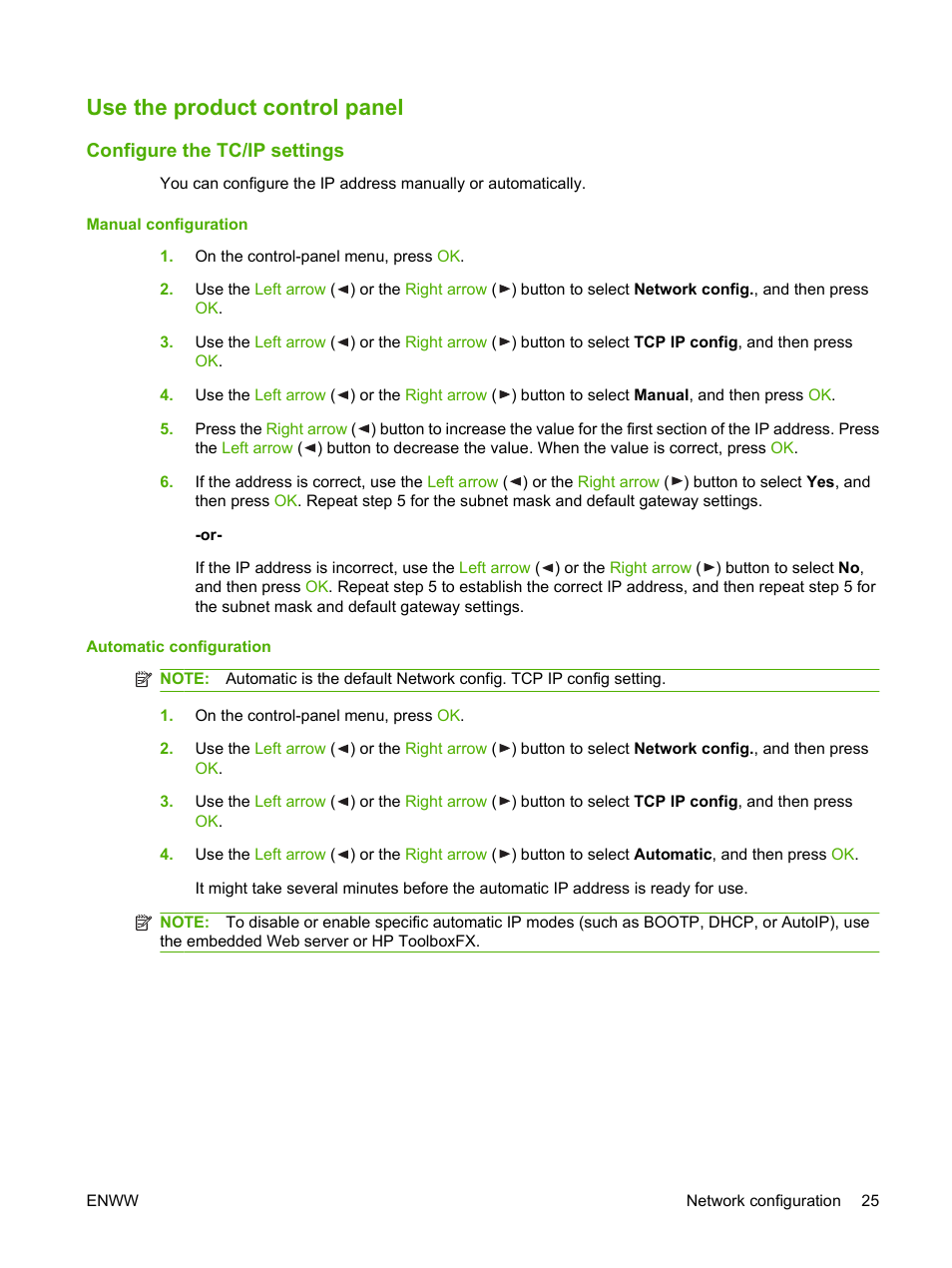 Use the product control panel, Configure the tc/ip settings, Manual configuration | Automatic configuration, Manual configuration automatic configuration | HP Color LaserJet CP1515n Printer User Manual | Page 35 / 168