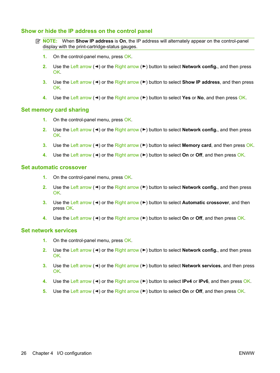 Show or hide the ip address on the control panel, Set memory card sharing, Set automatic crossover | Set network services | HP Color LaserJet CP1515n Printer User Manual | Page 36 / 168