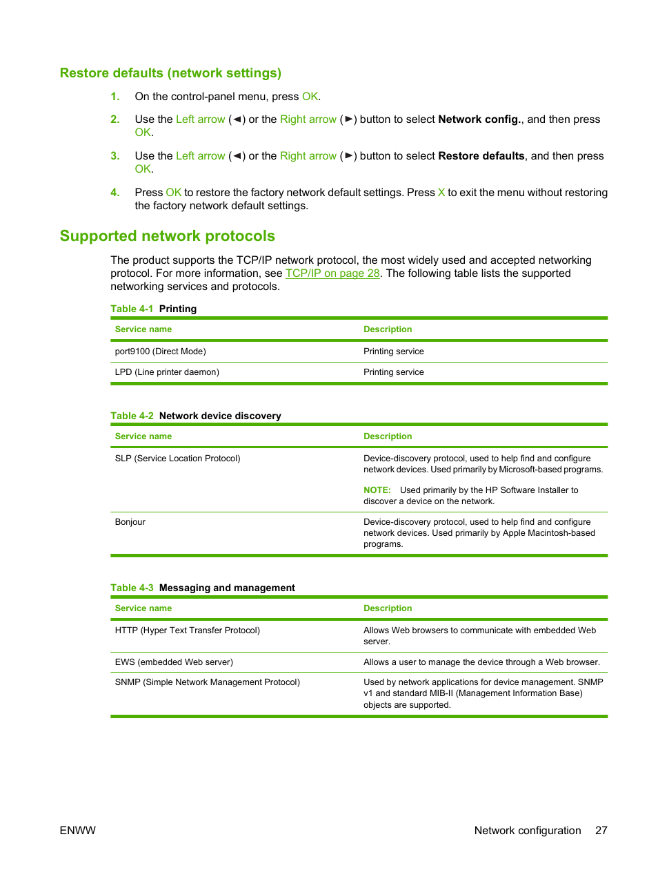 Restore defaults (network settings), Supported network protocols | HP Color LaserJet CP1515n Printer User Manual | Page 37 / 168