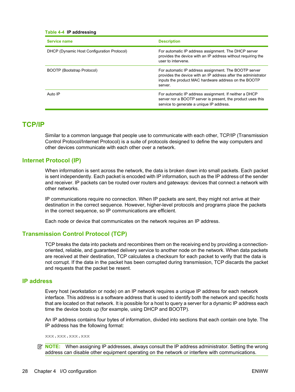 Tcp/ip, Internet protocol (ip), Transmission control protocol (tcp) | Ip address | HP Color LaserJet CP1515n Printer User Manual | Page 38 / 168