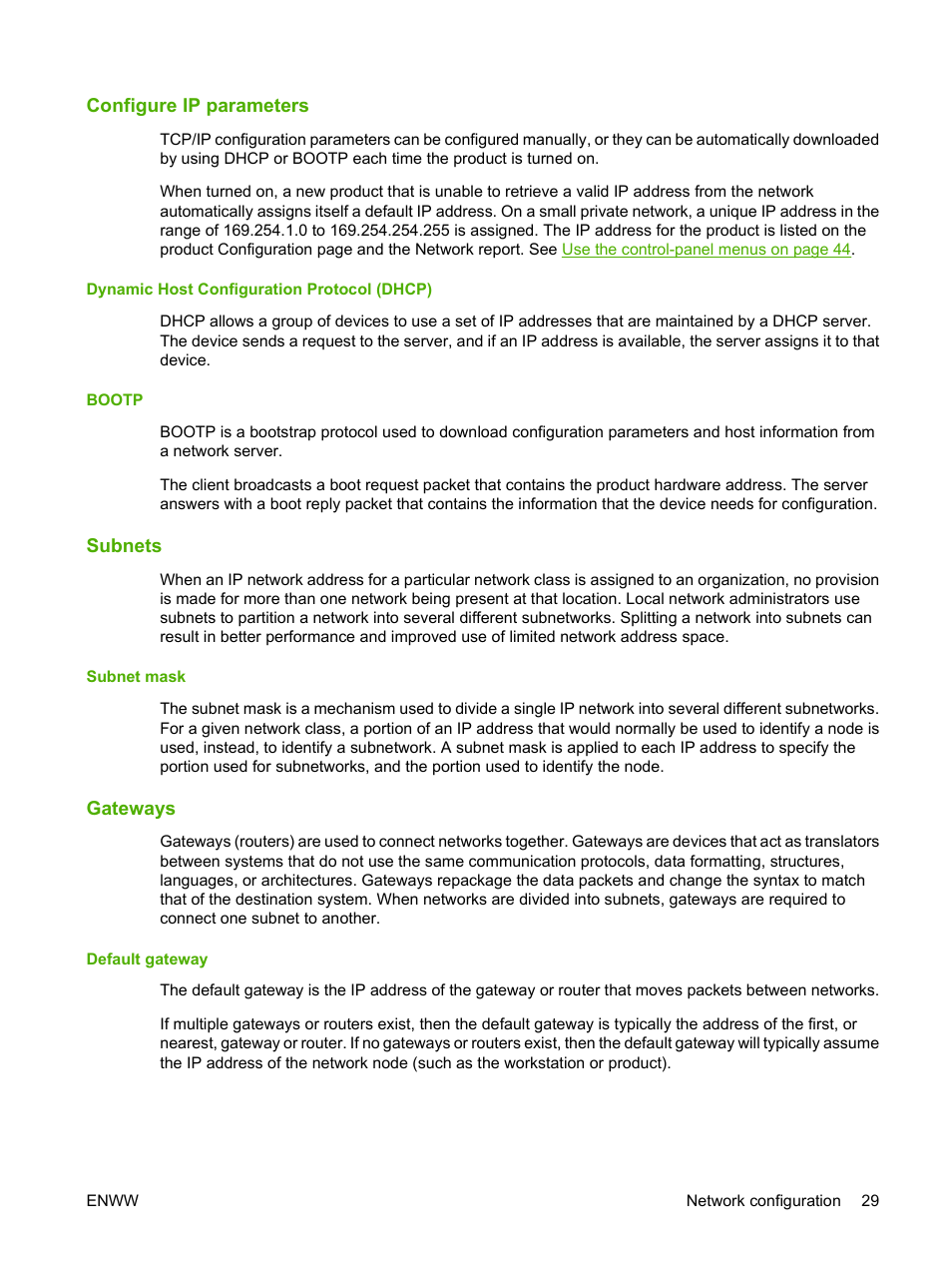 Configure ip parameters, Dynamic host configuration protocol (dhcp), Bootp | Subnets, Subnet mask, Gateways, Default gateway, Dynamic host configuration protocol (dhcp) bootp | HP Color LaserJet CP1515n Printer User Manual | Page 39 / 168