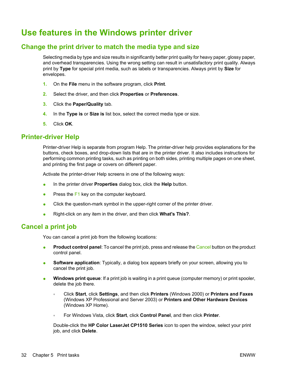 Use features in the windows printer driver, Printer-driver help, Cancel a print job | HP Color LaserJet CP1515n Printer User Manual | Page 42 / 168