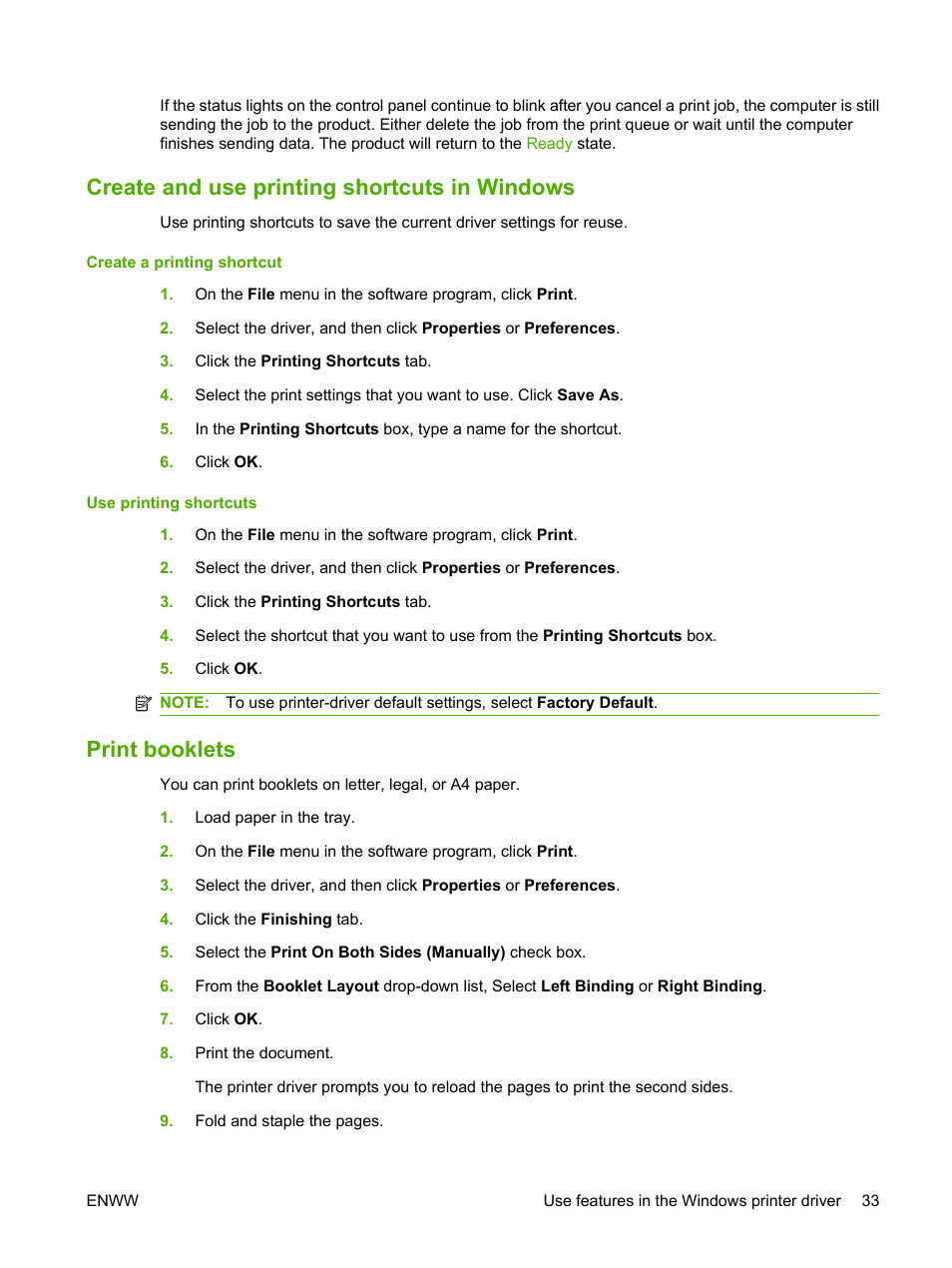 Create and use printing shortcuts in windows, Print booklets | HP Color LaserJet CP1515n Printer User Manual | Page 43 / 168