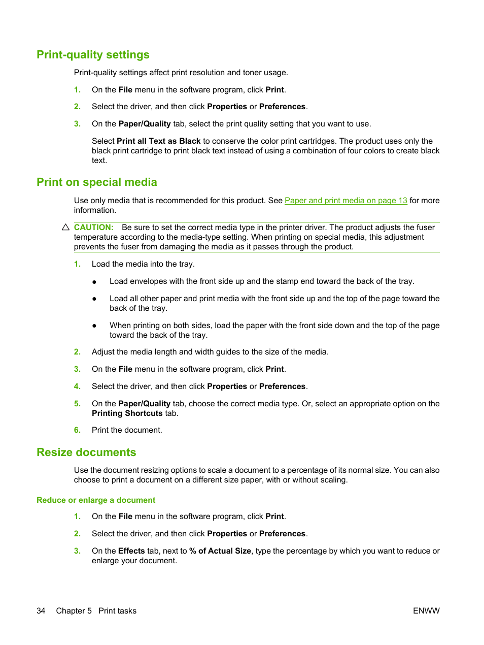 Print-quality settings, Print on special media, Resize documents | HP Color LaserJet CP1515n Printer User Manual | Page 44 / 168
