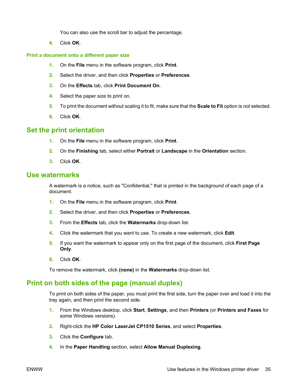 Set the print orientation, Use watermarks, Print on both sides of the page (manual duplex) | HP Color LaserJet CP1515n Printer User Manual | Page 45 / 168