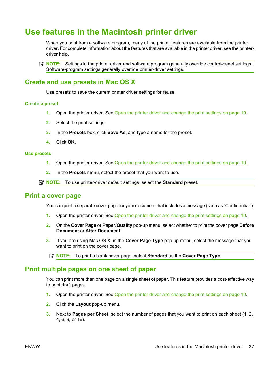 Use features in the macintosh printer driver, Create and use presets in mac os x, Print a cover page | Print multiple pages on one sheet of paper | HP Color LaserJet CP1515n Printer User Manual | Page 47 / 168