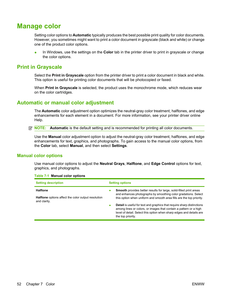 Manage color, Print in grayscale, Automatic or manual color adjustment | Manual color options | HP Color LaserJet CP1515n Printer User Manual | Page 62 / 168