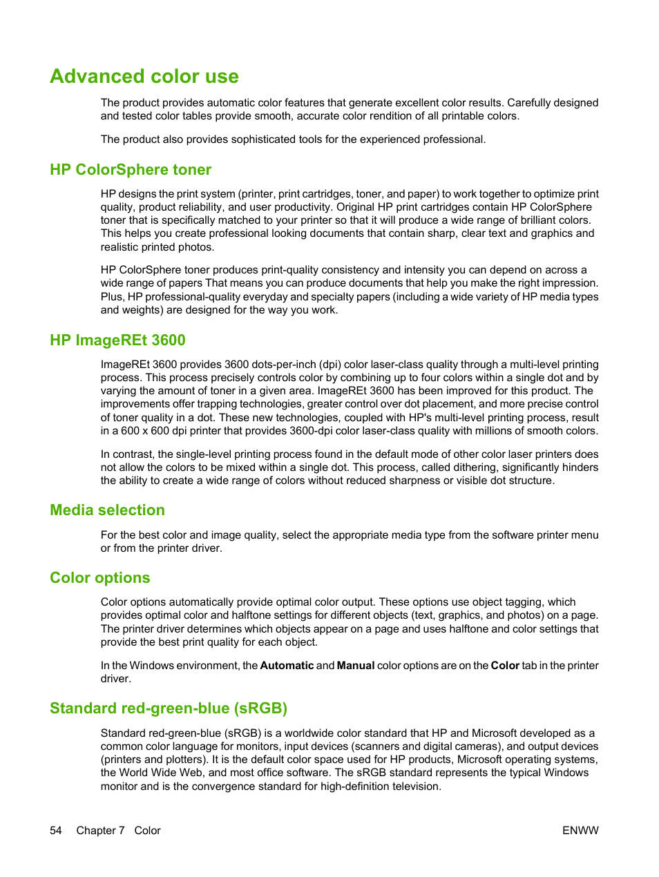 Advanced color use, Hp colorsphere toner, Hp imageret 3600 | Media selection, Color options, Standard red-green-blue (srgb) | HP Color LaserJet CP1515n Printer User Manual | Page 64 / 168