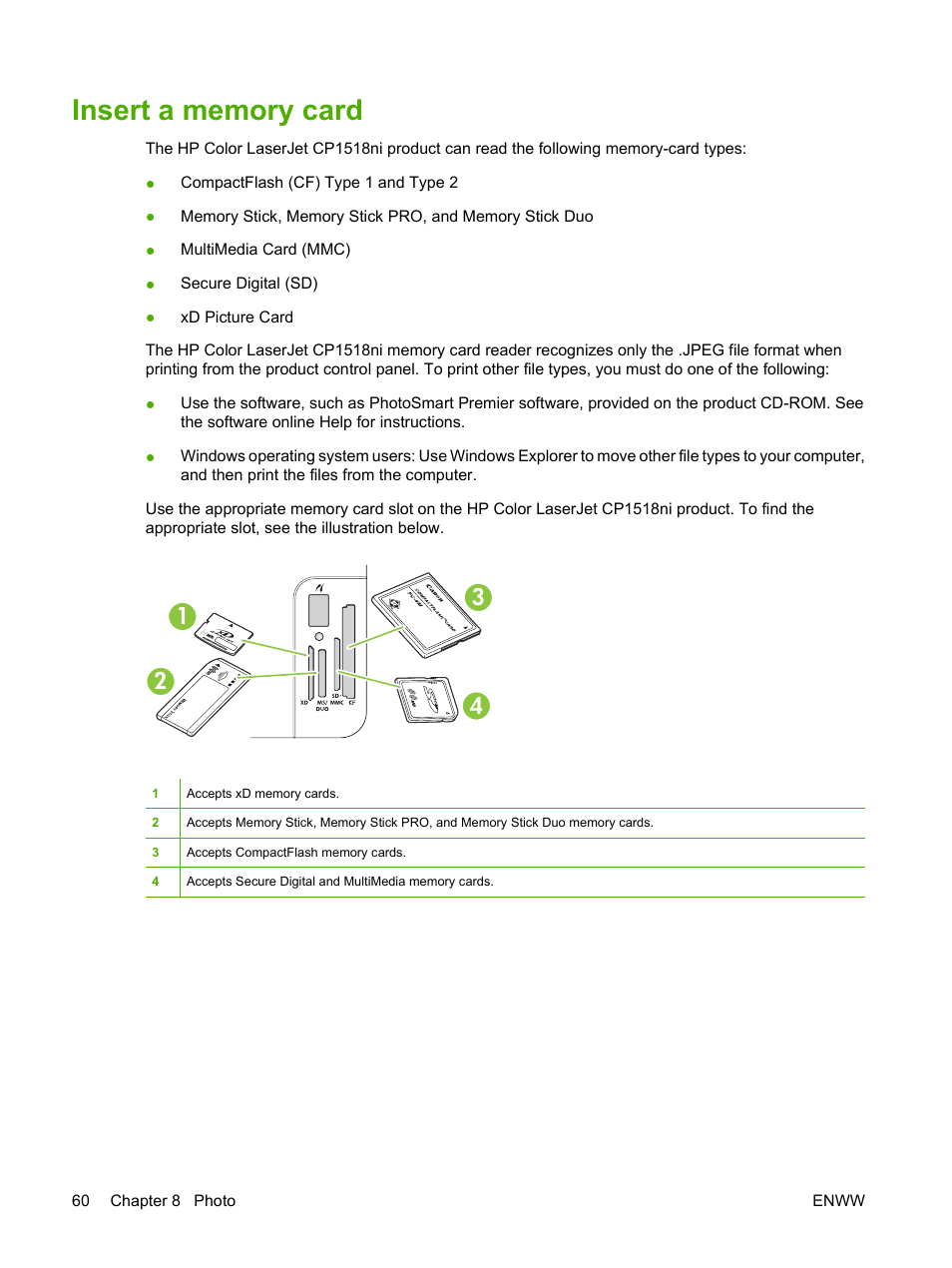 Insert a memory card | HP Color LaserJet CP1515n Printer User Manual | Page 70 / 168