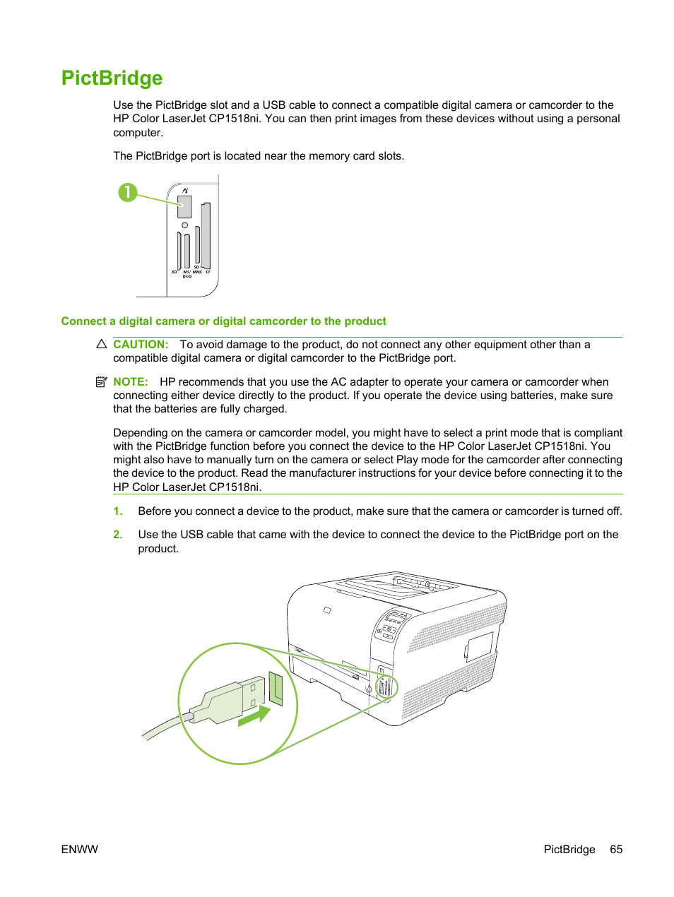 Pictbridge | HP Color LaserJet CP1515n Printer User Manual | Page 75 / 168