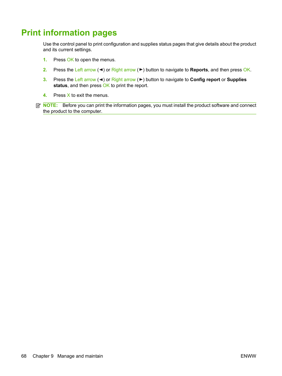 Print information pages | HP Color LaserJet CP1515n Printer User Manual | Page 78 / 168
