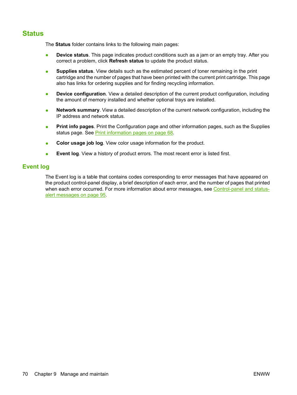 Status, Event log | HP Color LaserJet CP1515n Printer User Manual | Page 80 / 168