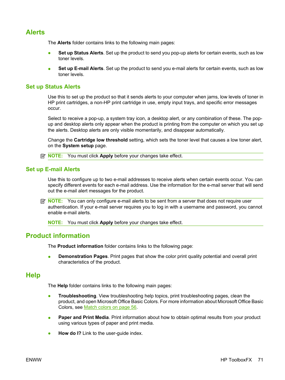 Alerts, Set up status alerts, Set up e-mail alerts | Product information, Help, Set up status alerts set up e-mail alerts, Product information help | HP Color LaserJet CP1515n Printer User Manual | Page 81 / 168