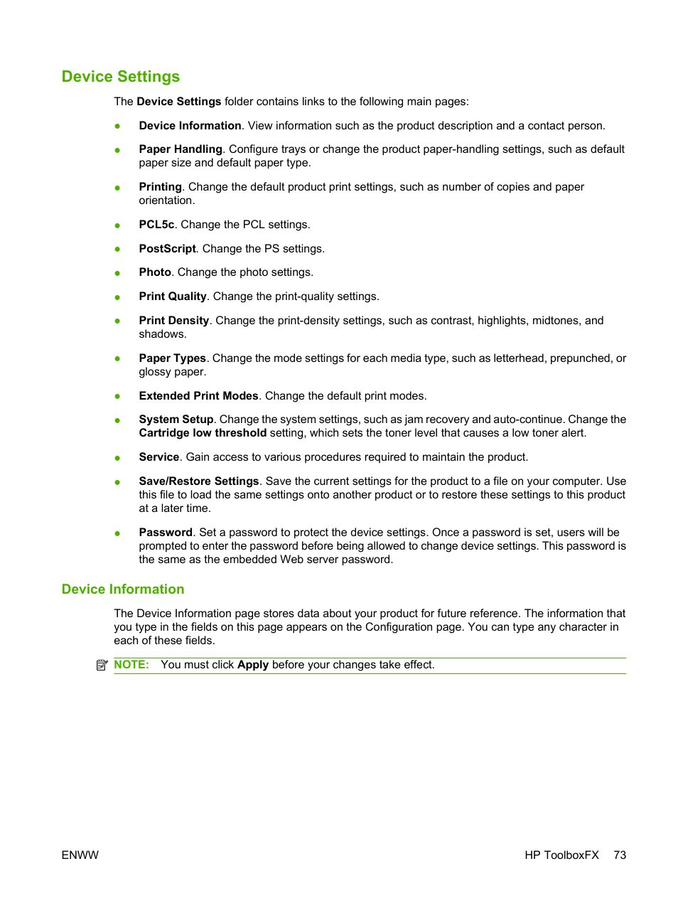 Device settings, Device information | HP Color LaserJet CP1515n Printer User Manual | Page 83 / 168