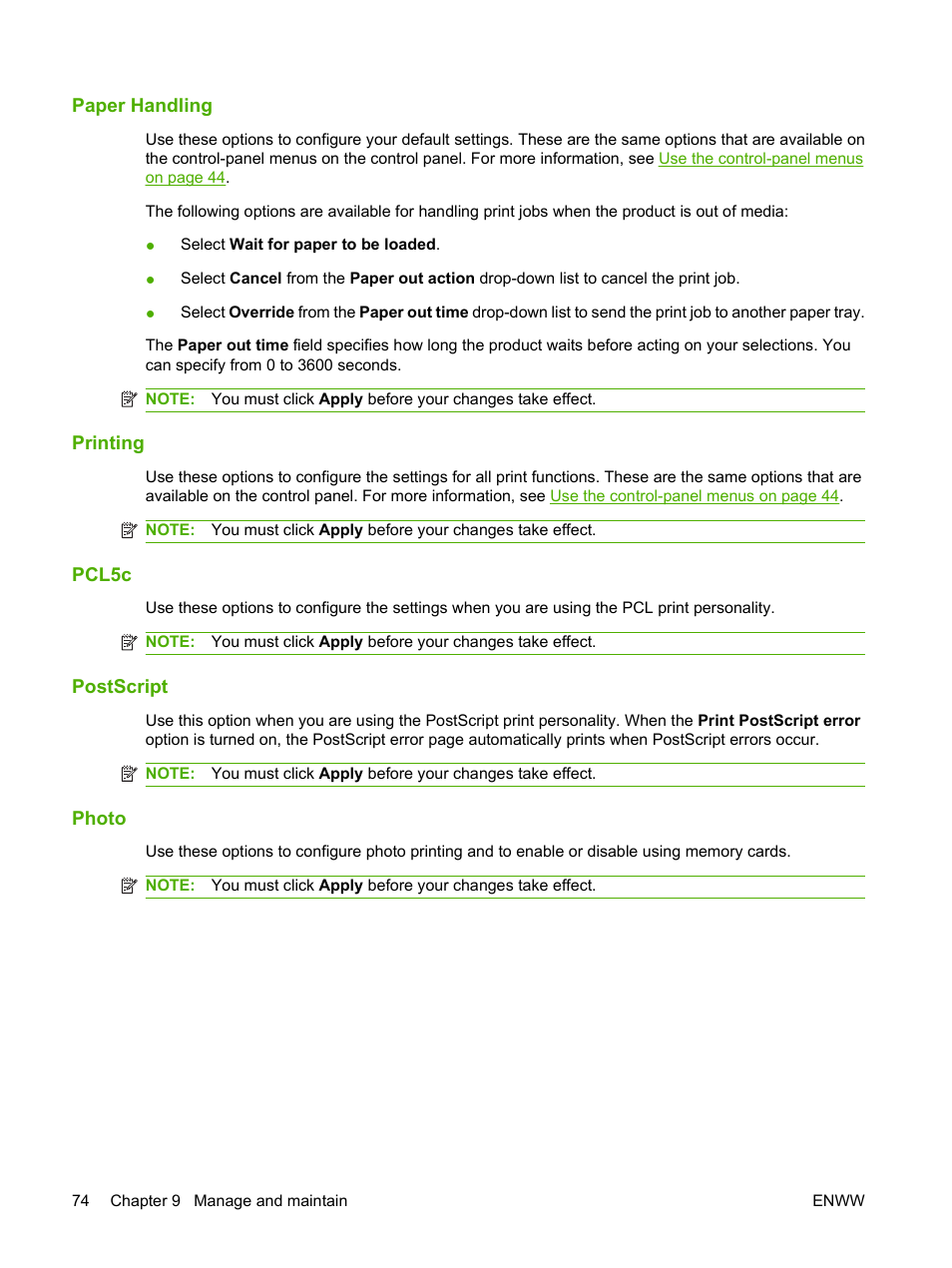 Paper handling, Printing, Pcl5c | Postscript, Photo, Paper handling printing, Pcl5c postscript photo | HP Color LaserJet CP1515n Printer User Manual | Page 84 / 168
