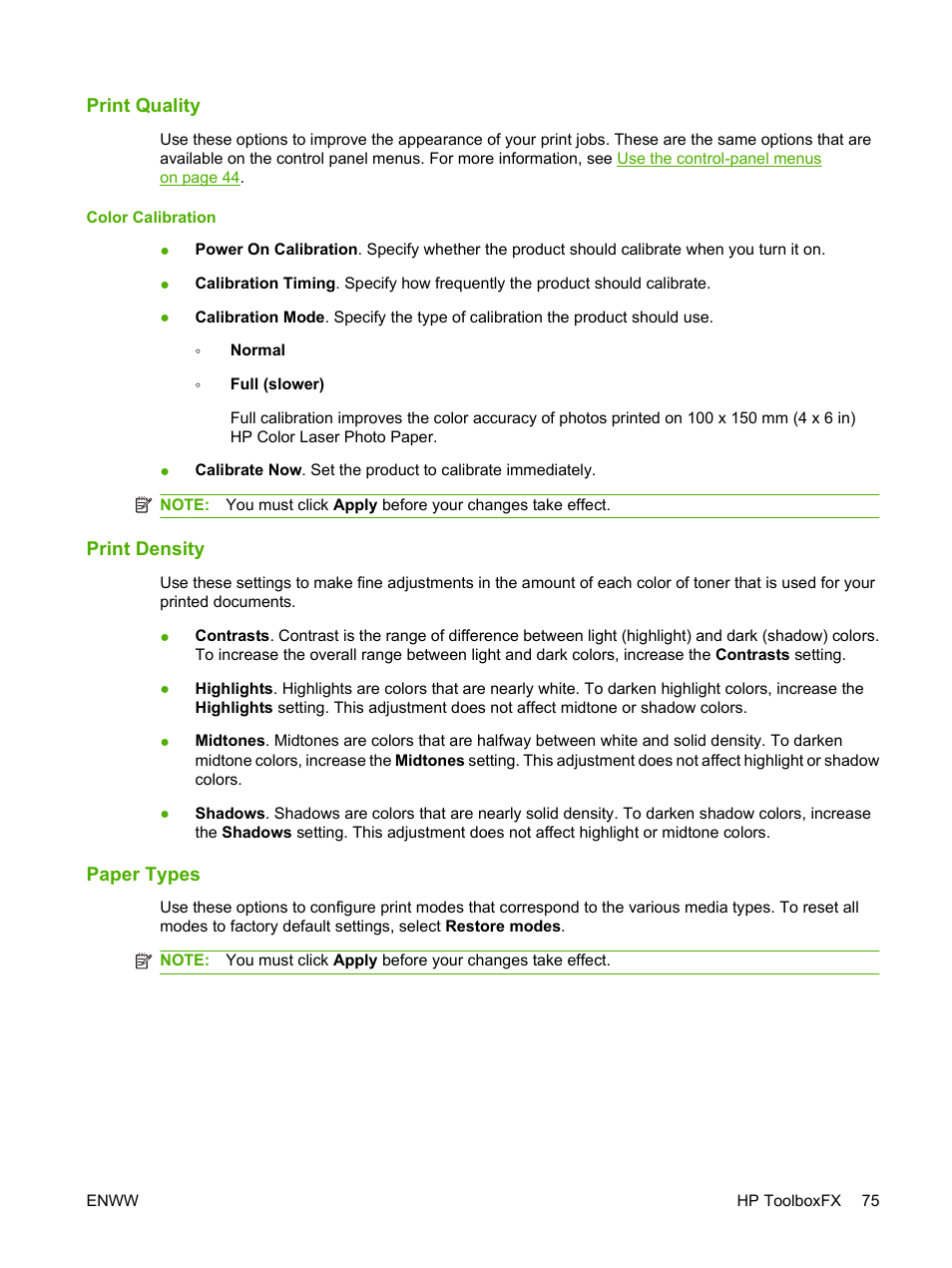 Print quality, Print density, Paper types | Print quality print density paper types | HP Color LaserJet CP1515n Printer User Manual | Page 85 / 168