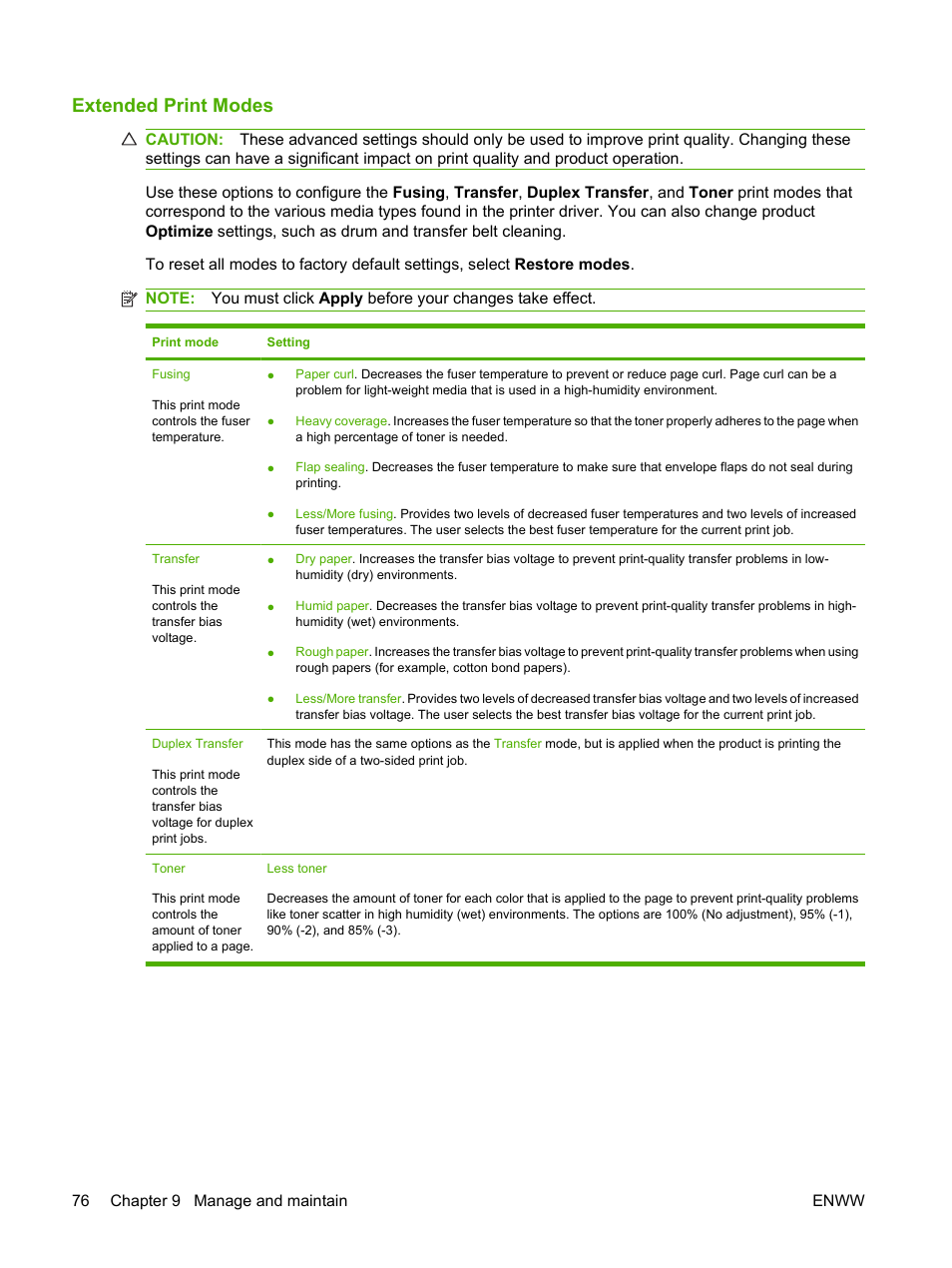 Extended print modes | HP Color LaserJet CP1515n Printer User Manual | Page 86 / 168