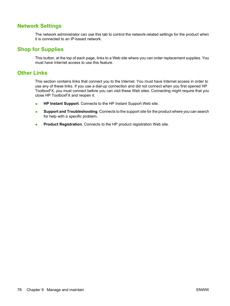 Network settings, Shop for supplies, Other links | Network settings shop for supplies other links | HP Color LaserJet CP1515n Printer User Manual | Page 88 / 168