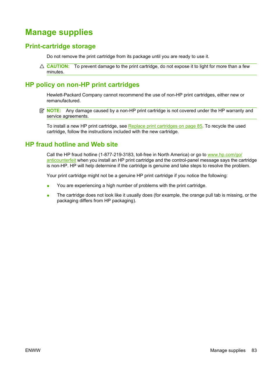 Manage supplies, Print-cartridge storage, Hp policy on non-hp print cartridges | Hp fraud hotline and web site | HP Color LaserJet CP1515n Printer User Manual | Page 93 / 168