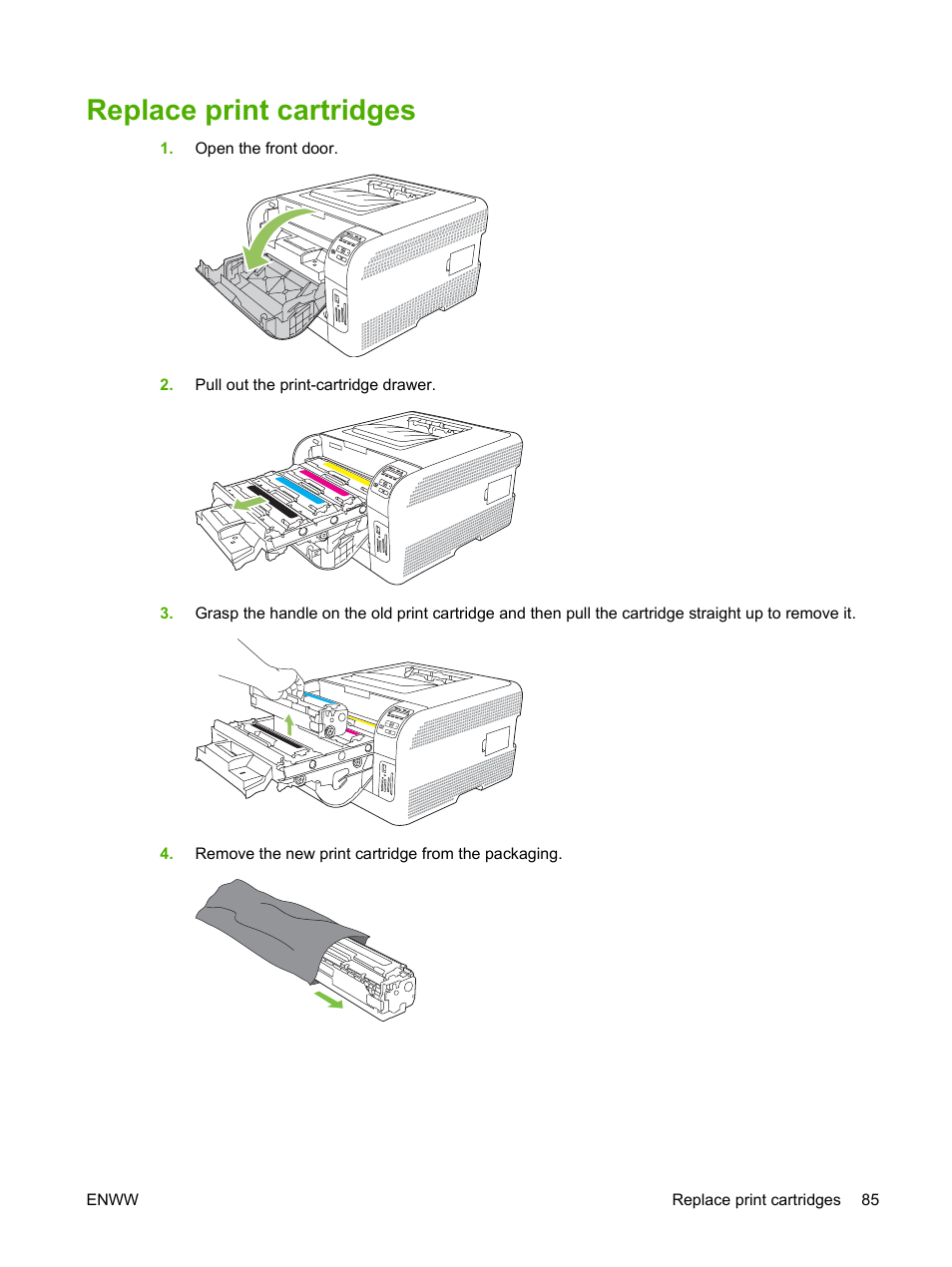 Replace print cartridges | HP Color LaserJet CP1515n Printer User Manual | Page 95 / 168