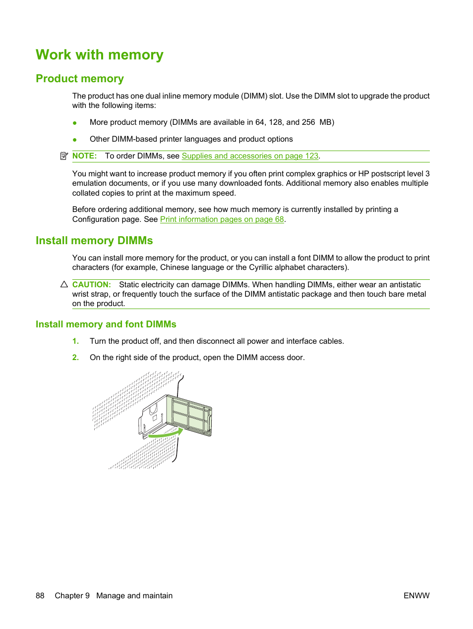 Work with memory, Product memory, Install memory dimms | Install memory and font dimms, Product memory install memory dimms | HP Color LaserJet CP1515n Printer User Manual | Page 98 / 168