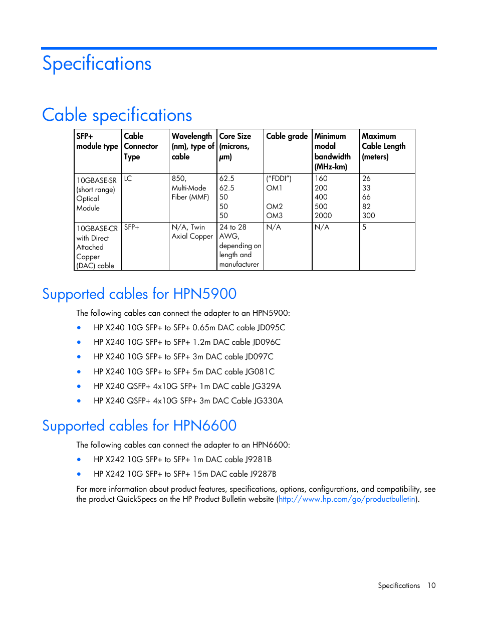 Specifications, Cable specifications, Supported cables for hpn5900 | Supported cables for hpn6600 | HP NC552SFP 10Gb 2-port Server Adapter User Manual | Page 10 / 16
