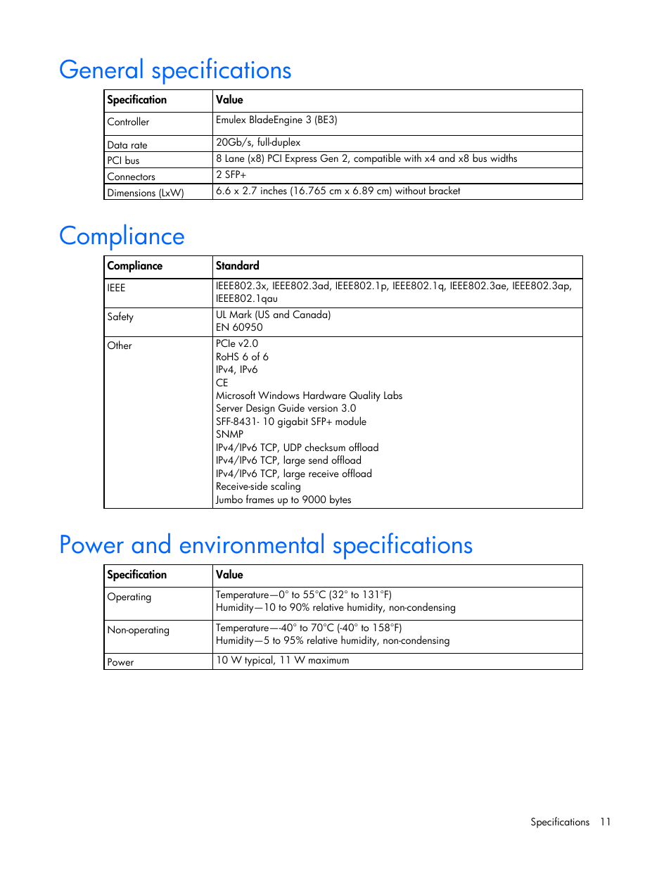 General specifications, Compliance, Power and environmental specifications | HP NC552SFP 10Gb 2-port Server Adapter User Manual | Page 11 / 16