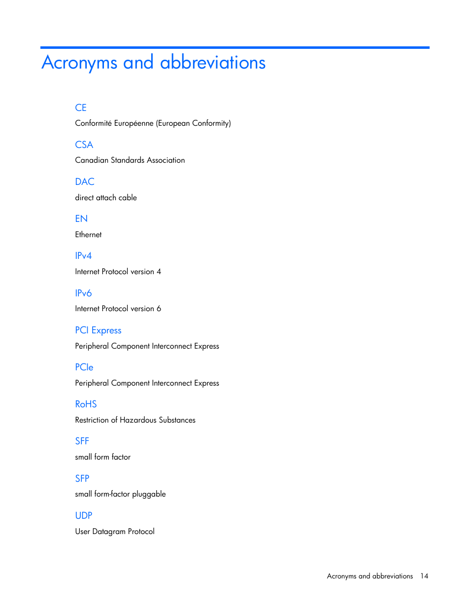 Acronyms and abbreviations | HP NC552SFP 10Gb 2-port Server Adapter User Manual | Page 14 / 16