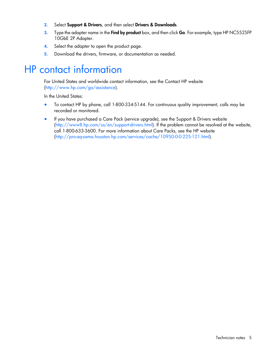 Hp contact information | HP NC552SFP 10Gb 2-port Server Adapter User Manual | Page 5 / 16