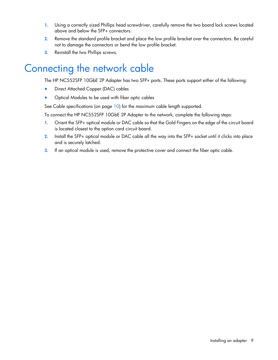 Connecting the network cable | HP NC552SFP 10Gb 2-port Server Adapter User Manual | Page 9 / 16